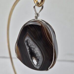 Natural Agate Geode & Quartz Polished Wire Wrapped Pendant